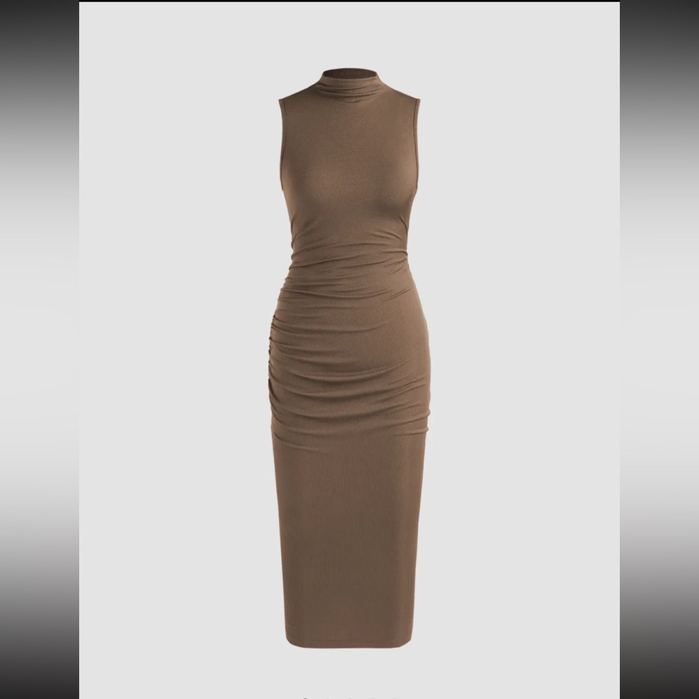 Cider brand high-neck ruched midi dress, size 10, brown.